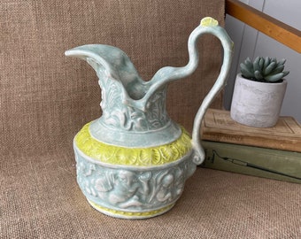 Aqua Blue and Lime Green (Chartreuse) Greek Mythology Pitcher | Vintage Ceramic Water Pitcher