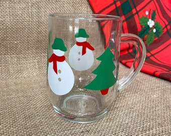 Vintage Snowman and Christmas Tree Glass Mug | Clear Glass Coffee Mug