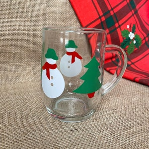Vintage Starbucks Clear Glass Mug With Snowman Candy Cane and Tree