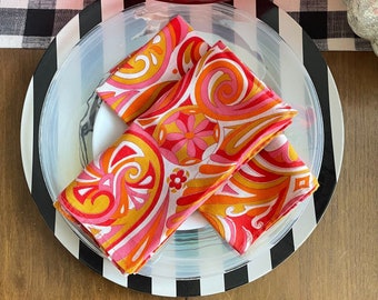 Pair (2) of Vintage Color Swirl Napkins | Retro Red, Pink, Orange, Mustard Yellow Cotton Napkins