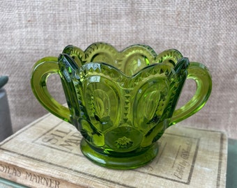 LE Smith Moon and Stars Sugar Bowl | Vintage Green Glass Sugar Bowl with Handles