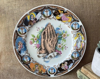 Colorful Praying Hands Plate with Other Religious Imagery | Vintage Christian Decorative Plate