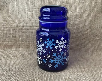 Vintage Libbey Cobalt Blue Glass Canister Jar with Snowflake Pattern
