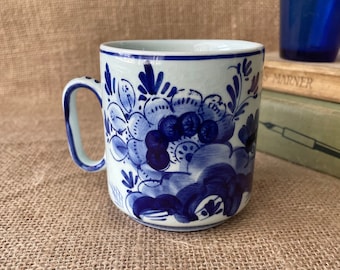 Vintage Blue and White Floral Coffee Mug | Hand-painted Holland Delfts Blauw Mug with Flowers and Windmill