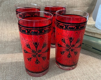 Set of 4 Royal Kendall Glasses | Vintage Mid Century Red and Black Tumblers