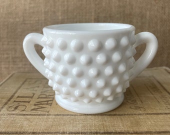 Fenton Milk Glass Hobnail Sugar Bowl | Vintage White Glass Sugar Bowl with Handles