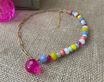 Colorful Rondelle Bead and Gold Paperclip Chain Necklace | Bold Statement Necklace | Hot Pink, Yellow, and Pastel