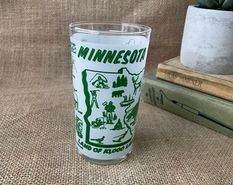 Vintage Minnesota State Souvenir Glass | Land of 10,000 Lakes State Green and White Souvenir Glass