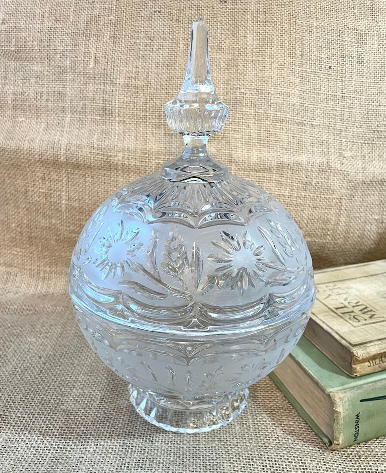Cut Crystal Candy Dish Sphere Frosted With Flower Design Vintage