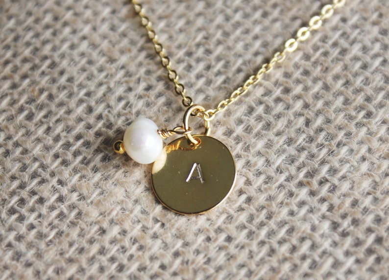 Gold Plated Initial Pendant Necklace With Birthstone Chip Hand Stamped Personalized Custom Jewelry