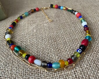 Multi-Color Glass Bead Necklace Layered with Gold Paperclip Chain