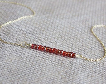Red Beaded Bar Necklace | Delicate Ruby Red Seed Bead Necklace | Minimalist Gold Layered Necklace | Simple Glass Bead Jewelry
