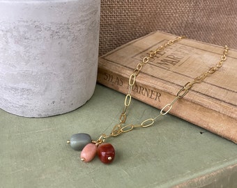 Multi-Stone Pendant Necklace on Gold Paperclip Chain | Sage, Peach, and Terra Cotta