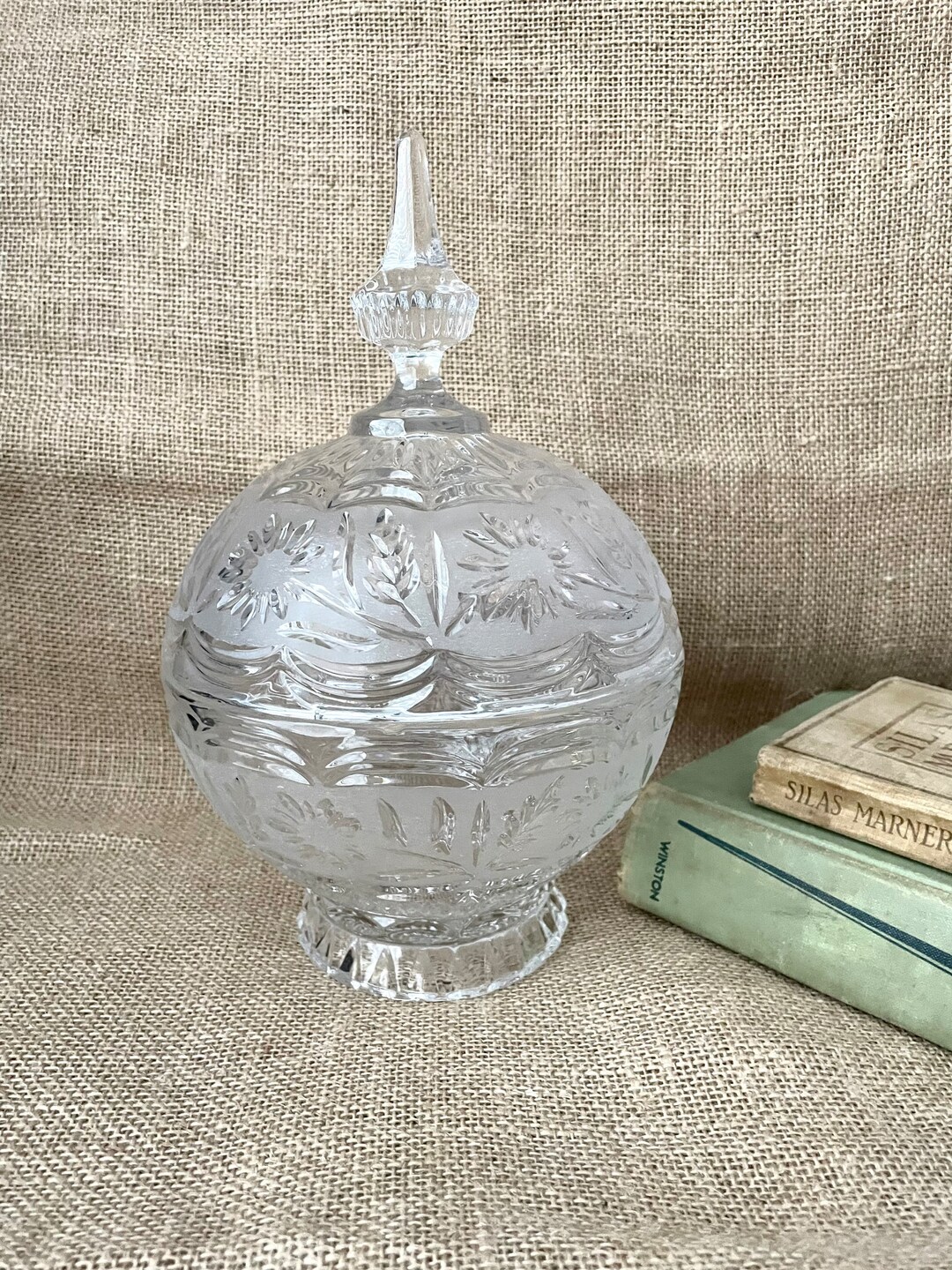 Cut Crystal Candy Dish Sphere Frosted With Flower Design Vintage