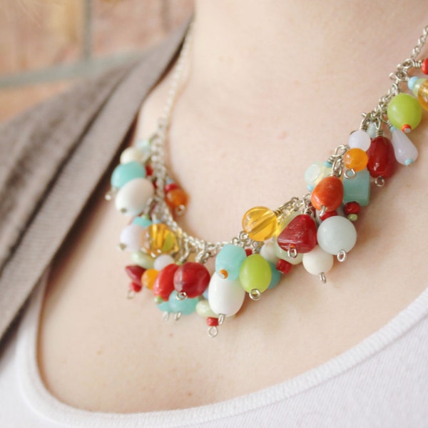 Colorful Glass Bead Necklace, Bead Cluster Statement Necklace, Chunky Statement Necklace, Beaded Jewelry, Glass Pinata