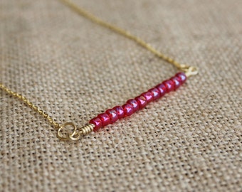 Fuchsia Pink Beaded Bar Necklace | Delicate Ruby Red Seed Bead Necklace | Minimalist Gold Layered Necklace | Simple Glass Bead Jewelry
