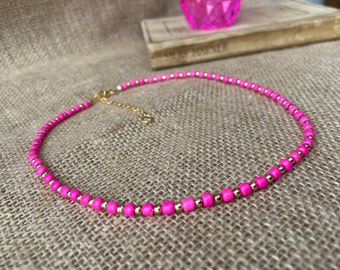 Hot Pink and Gold Beaded Necklace | Small Beaded Layering Necklace