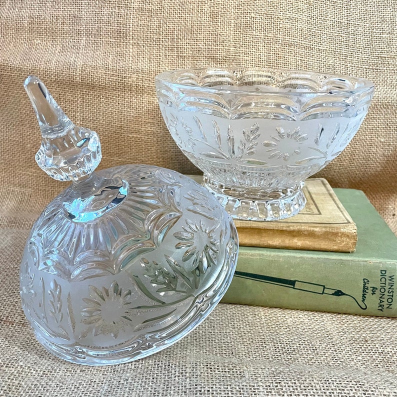 Cut Crystal Candy Dish Sphere Frosted With Flower Design Vintage