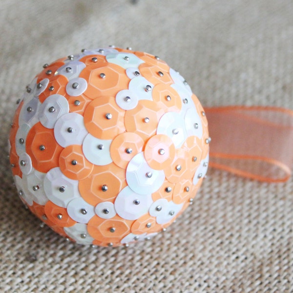Neon Orange & White Sequin Christmas Ornament - Small | Sequin Christmas Decorations | Orange and White Sequinned Ornament
