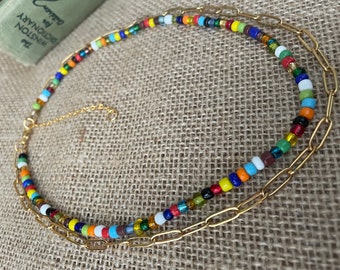 Multi-Colored Beaded Necklace Layered with Gold Paperclip Chain