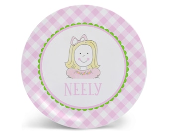 Personalized Girl Plate | Custom Face | Gingham | Kids Tableware Set