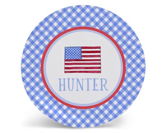 Personalized 4th of July Kids Plate | American Flag Design in Blue Gingham | Tableware Set