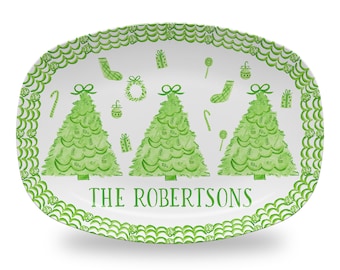 Personalized Christmas Tree Platter | Green Toile Cookies for Santa Plate
