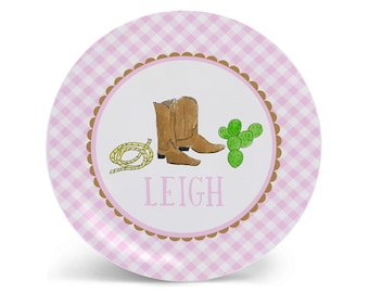 Personalized Cowboy Boots Kids Plate | Birthday Gift for Girls | Pink Gingham Custom Tableware