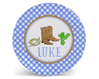 Personalized Cowboy Plate Set | Boy's Birthday Gift | Blue Gingham