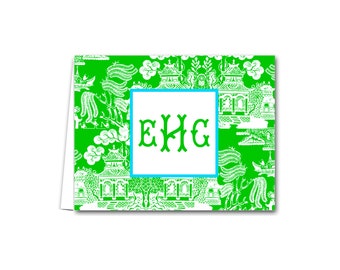 Chinoiserie Kelly Green Personalized Monogram Folded Notes