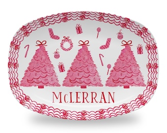 Personalized Christmas Toile Platter | Red & White Holiday Tray