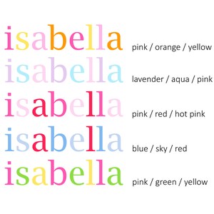 May include: Five variations of the name "Isabella" are shown, each in a different colour palette. The colour schemes include pink, orange, yellow, lavender, aqua, pink, red, hot pink, blue, sky, red, pink, green, and yellow.