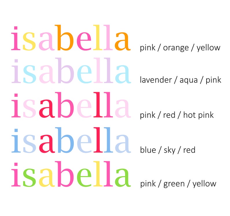 May include: Five variations of the name "Isabella" are shown, each in a different colour palette. The colour schemes include pink, orange, yellow, lavender, aqua, pink, red, hot pink, blue, sky, red, pink, green, and yellow.