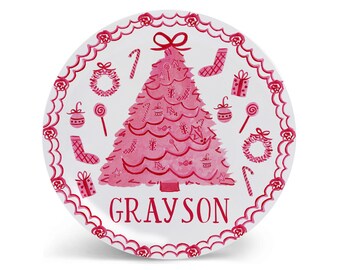 Personalized Christmas Plate Red Toile Kids Bowl Cup Holiday