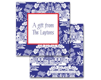 Chinoiserie Calling Cards Enclosure Cards Gift Tags Square in Navy with Cherry