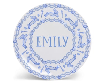 Personalized Easter Plate | Blue Toile Kids Tableware | Bunny Design