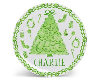 Personalized Christmas Plate Green Toile Kids Plate, Bowl, Cup, Holiday