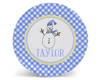 Personalized Snowman Plate | Christmas Kid Tableware Set in Blue Gingham