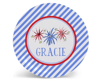 Personalized 4th of July Kids Plate | Fireworks Design in Blue | Tableware Set