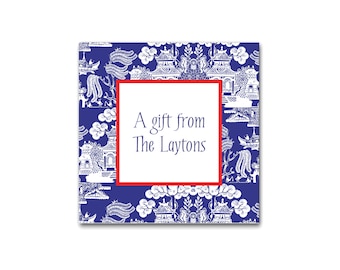 Chinoiserie Gift Stickers Labels Square in Navy with Cherry