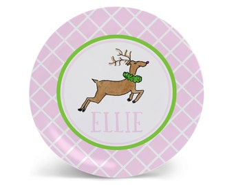 Personalized Christmas Plate | Pink Reindeer Kids Tableware Set