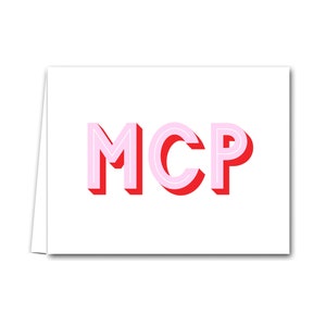 May include: White card with the letters "MCP" in pink and red outlined letters.