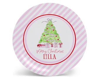 Personalized Christmas Plate for Kids Pink Tree, Bowl, Cup Placemat
