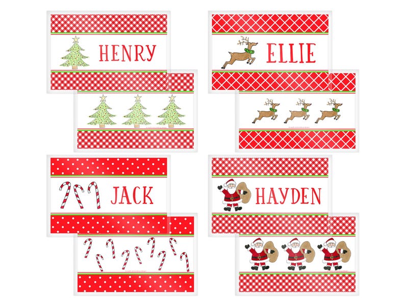 May include: Christmas-themed name tags with red and white patterns. Each tag features a name in red, along with festive illustrations: Christmas trees, reindeer, candy canes, and Santa Claus. The tags are rectangular with a white border.