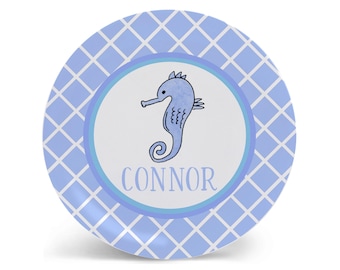 Personalized Seahorse Plate | Boy Baby Gift | Blue Kids Dinnerware