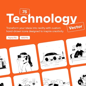 Paquete de ilustraciones vectoriales de tecnología / 75 gráficos de tecnología digital / SVG de inteligencia artificial, ciberseguridad, desarrollo web y comercio electrónico / Descarga instantánea