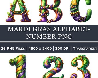 以下が含まれることがあります： デジタルイラスト、マルディグラのアルファベット文字と数字。文字A、B、C、数字1、2、3は、緑、紫、金のアクセントで装飾されています。画像には「MARDI GRAS ALPHABET-NUMBER PNG」というテキストが含まれています。