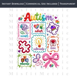 May include: A colorful digital design with the word "Autism" in textured letters. The design includes various embroidered elements like puzzle pieces, hearts, and the words "accept", "adapt", "advocate", "love", and "educate". The design is on a white background.