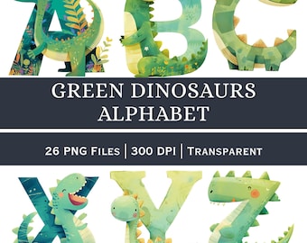 以下が含まれることがあります： 各文字が緑色の恐竜としてデザインされた、アルファベットのデジタルイラスト。A、B、C、X、Y、Zの文字が表示されています。「GREEN DINOSAURS ALPHABET」のテキストと「26 PNG FILES | 300 DPI | TRANSPARENT」が表示されています。