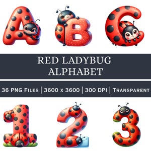 May include: Red ladybug alphabet and numbers. The letters A, B, and C, and the numbers 1, 2, and 3 are illustrated in a vibrant red color with black spots, each adorned with a cute ladybug character. The image also includes the text "RED LADYBUG ALPHABET".